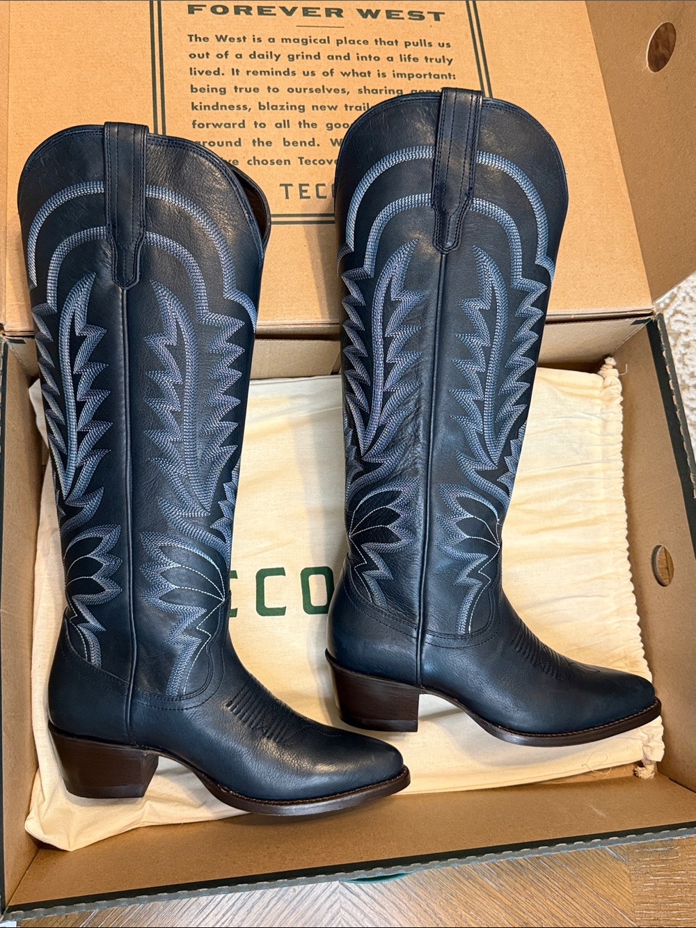 Tecovas Women's Abby Navy Blue Embroidered Leather Western Boots